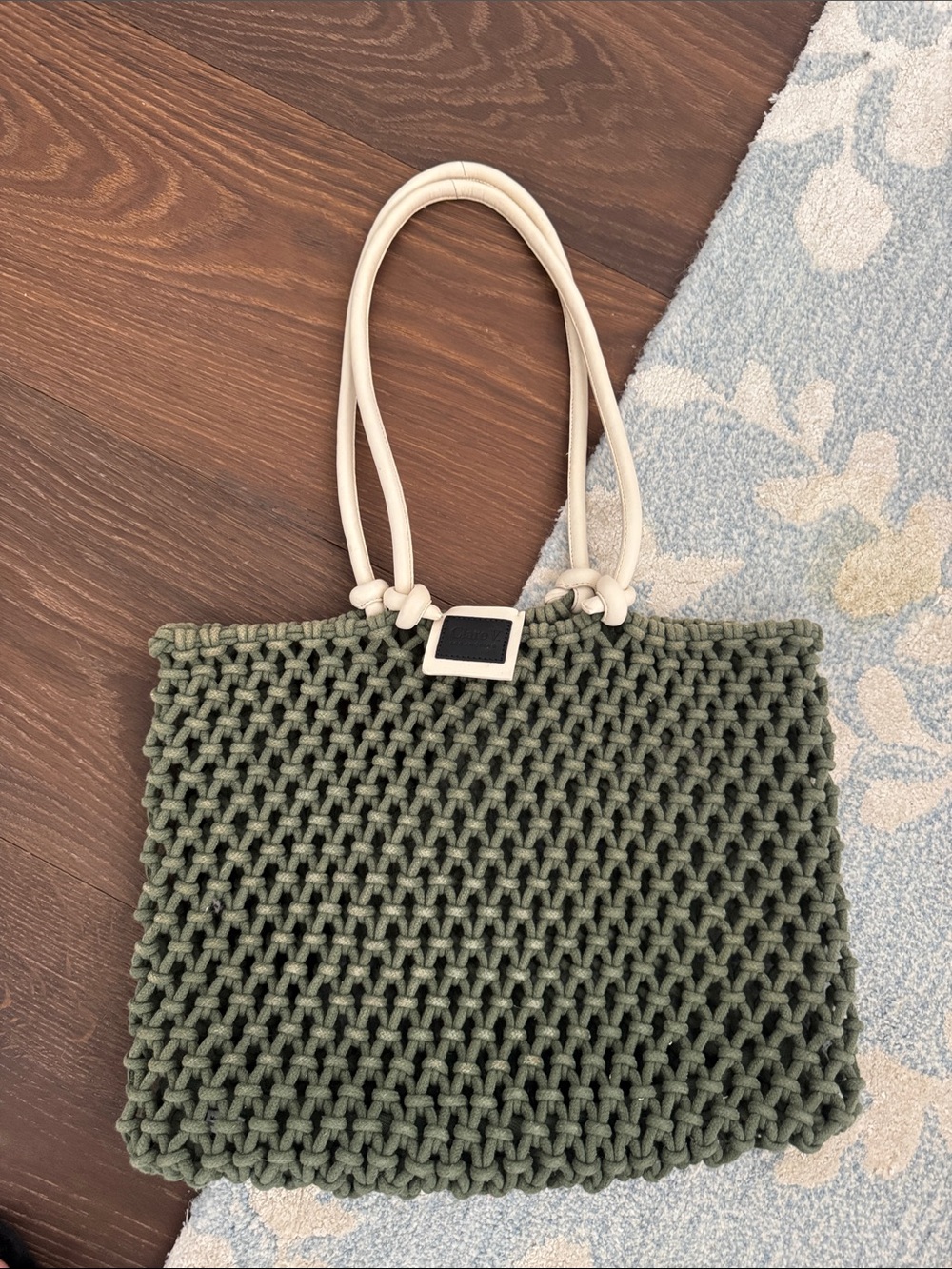 Clare V Olive Macramé Tote with Cream Handles